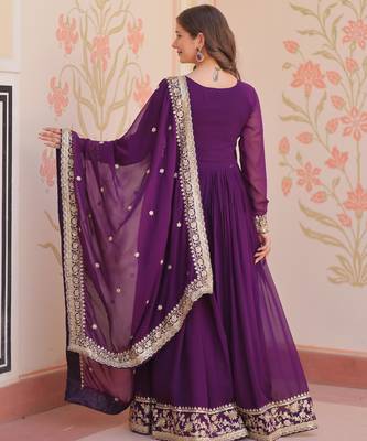 Purple faux georgette with embroidery zari sequins with heavy dupatta 2