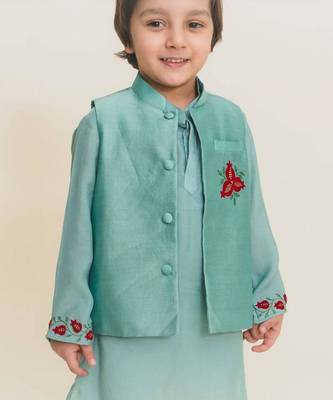 Blue plain cotton nehru jacket set 3