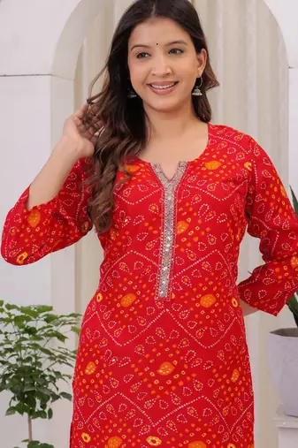 Women's Rayon Bandhej Bandhani Jaipuri Printed Ethnic A-Line Kurti | Jaipuri Bandhej Printed A-Line Kurti For Womens