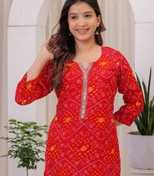 Women's Rayon Bandhej Bandhani Jaipuri Printed Ethnic A-Line Kurti | Jaipuri Bandhej Printed A-Line Kurti For Womens