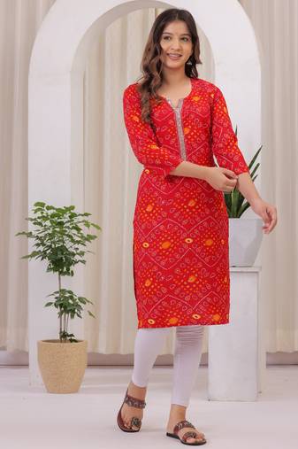 Women's Rayon Bandhej Bandhani Jaipuri Printed Ethnic A-Line Kurti | Jaipuri Bandhej Printed A-Line Kurti For Womens