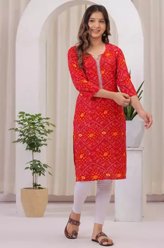 Women's Rayon Bandhej Bandhani Jaipuri Printed Ethnic A-Line Kurti | Jaipuri Bandhej Printed A-Line Kurti For Womens