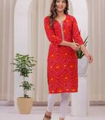 Women's Rayon Bandhej Bandhani Jaipuri Printed Ethnic A-Line Kurti | Jaipuri Bandhej Printed A-Line Kurti For Womens