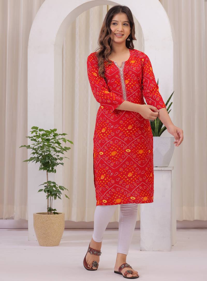 Women's Rayon Bandhej Bandhani Jaipuri Printed Ethnic A-Line Kurti | Jaipuri Bandhej Printed A-Line Kurti For Womens