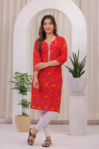 Women's Rayon Bandhej Bandhani Jaipuri Printed Ethnic A-Line Kurti | Jaipuri Bandhej Printed A-Line Kurti For Womens