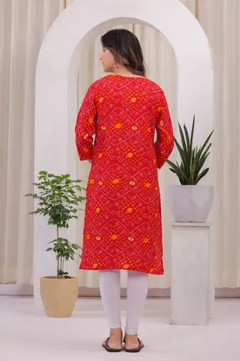 Women's Rayon Bandhej Bandhani Jaipuri Printed Ethnic A-Line Kurti | Jaipuri Bandhej Printed A-Line Kurti For Womens