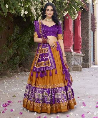 mustard tussar Silk Lehenga Choli with Patola Print & Foil Shine 1