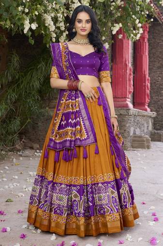 mustard tussar Silk Lehenga Choli with Patola Print & Foil Shine
