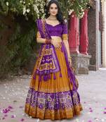 mustard tussar Silk Lehenga Choli with Patola Print & Foil Shine