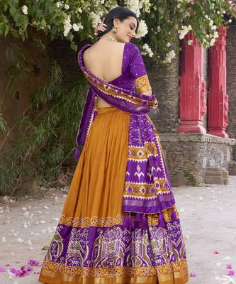 mustard tussar Silk Lehenga Choli with Patola Print & Foil Shine 4