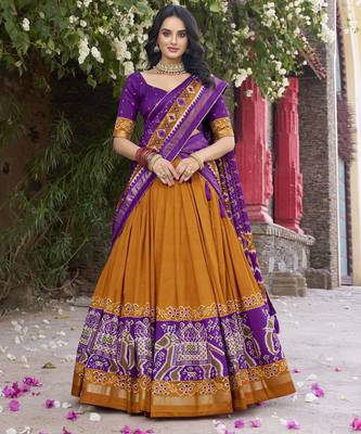 mustard tussar Silk Lehenga Choli with Patola Print & Foil Shine 5