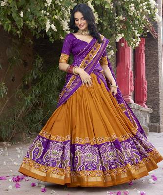 mustard tussar Silk Lehenga Choli with Patola Print & Foil Shine 6
