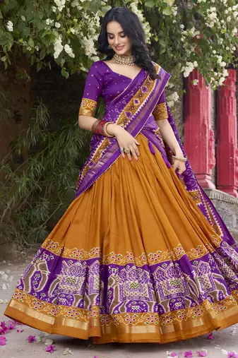 mustard tussar Silk Lehenga Choli with Patola Print & Foil Shine