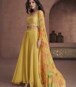 Yellow emboridered pure georgette jacket style sharara suit