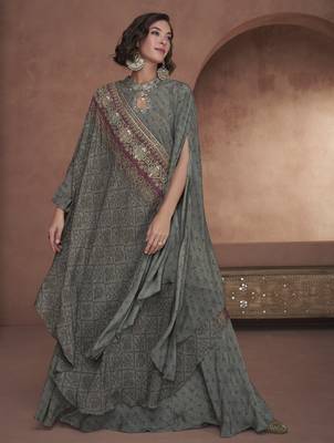 Dark slate grey embroidered georgette layered poncho style flared dress 1