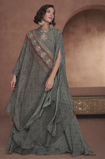 Dark slate grey embroidered georgette layered poncho style flared dress