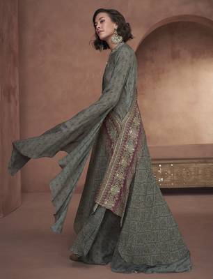 Dark slate grey embroidered georgette layered poncho style flared dress 2