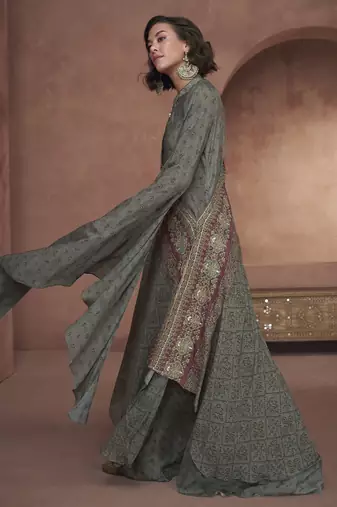 Dark slate grey embroidered georgette layered poncho style flared dress