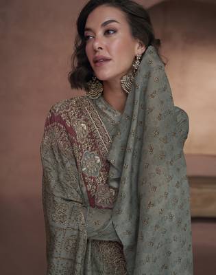 Dark slate grey embroidered georgette layered poncho style flared dress 3