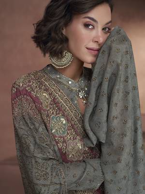 Dark slate grey embroidered georgette layered poncho style flared dress 4