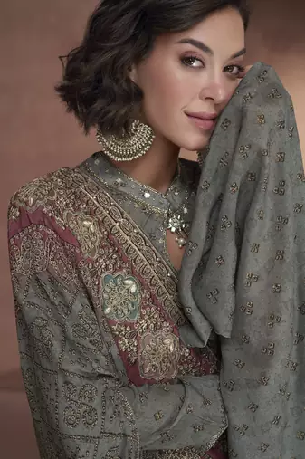 Dark slate grey embroidered georgette layered poncho style flared dress