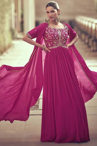 Pink embroidered chinnon-silk jacket style anarkali