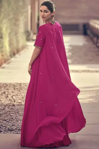 Pink embroidered chinnon-silk jacket style anarkali