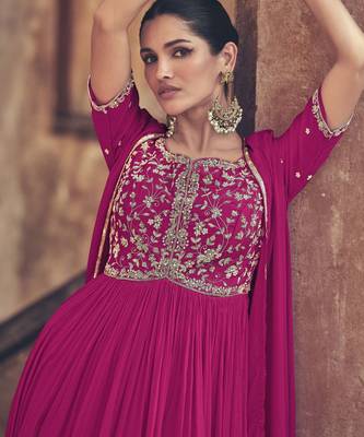 Pink embroidered chinnon-silk jacket style anarkali 3