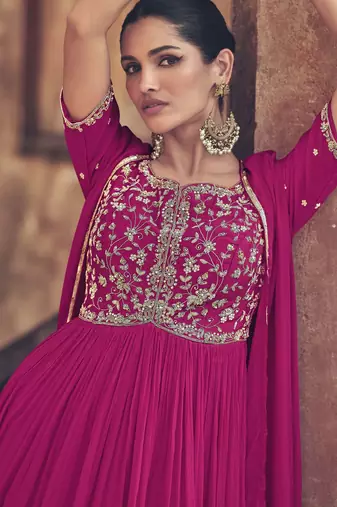 Pink embroidered chinnon-silk jacket style anarkali