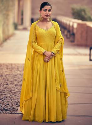 Yellow embroidered chinnon-silk anarklai with dupatta 1