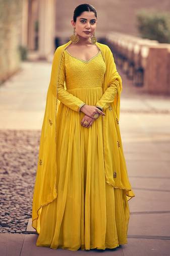 Yellow embroidered chinnon-silk anarklai with dupatta