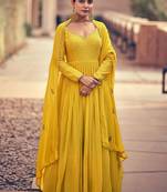 Yellow embroidered chinnon-silk anarklai with dupatta