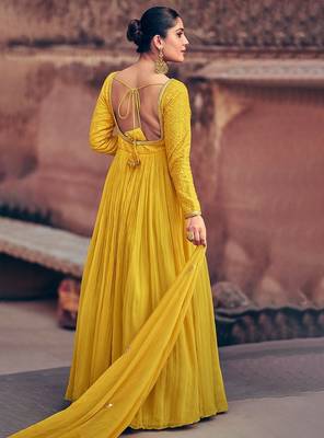 Yellow embroidered chinnon-silk anarklai with dupatta 2