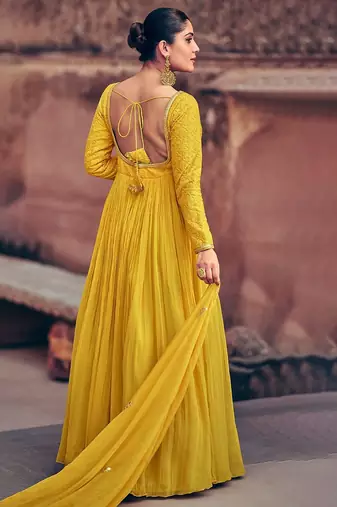 Yellow embroidered chinnon-silk anarklai with dupatta