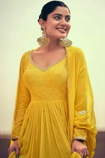 Yellow embroidered chinnon-silk anarklai with dupatta