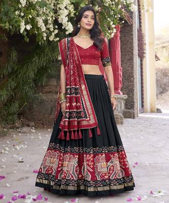 black tussar Silk Lehenga Choli with Patola Print & Foil Shine 1