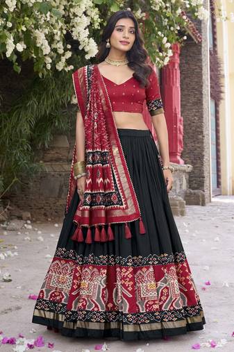 black tussar Silk Lehenga Choli with Patola Print & Foil Shine