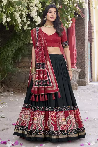 black tussar Silk Lehenga Choli with Patola Print & Foil Shine