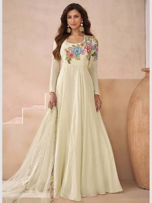Off-white yellow embroidered silk anarklai with dupatta 1