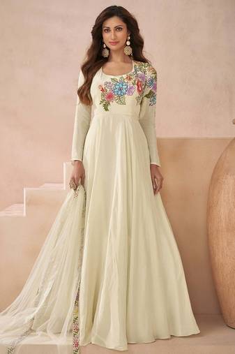 Off-white yellow embroidered silk anarklai with dupatta