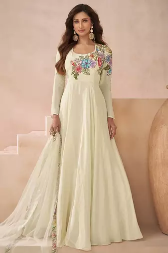 Off-white yellow embroidered silk anarklai with dupatta