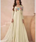 Off-white yellow embroidered silk anarklai with dupatta
