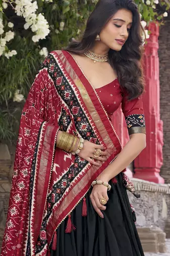 black tussar Silk Lehenga Choli with Patola Print & Foil Shine