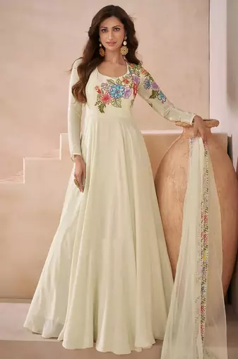 Off-white yellow embroidered silk anarklai with dupatta