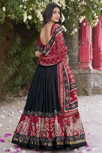 black tussar Silk Lehenga Choli with Patola Print & Foil Shine
