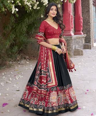 black tussar Silk Lehenga Choli with Patola Print & Foil Shine 5
