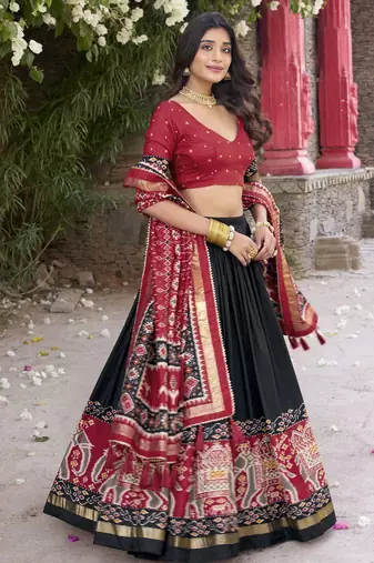black tussar Silk Lehenga Choli with Patola Print & Foil Shine