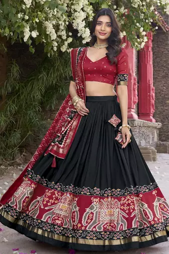black tussar Silk Lehenga Choli with Patola Print & Foil Shine
