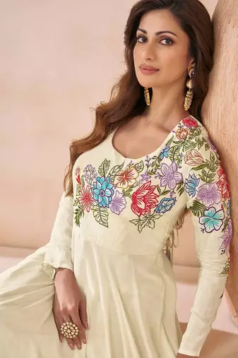 Off-white yellow embroidered silk anarklai with dupatta
