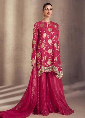 Pink sequence embroidery silk sharara suit with dupatta 1